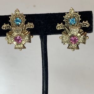 Vintage Maltese Cross Screw Back Earrings with Blue and Pink Stones